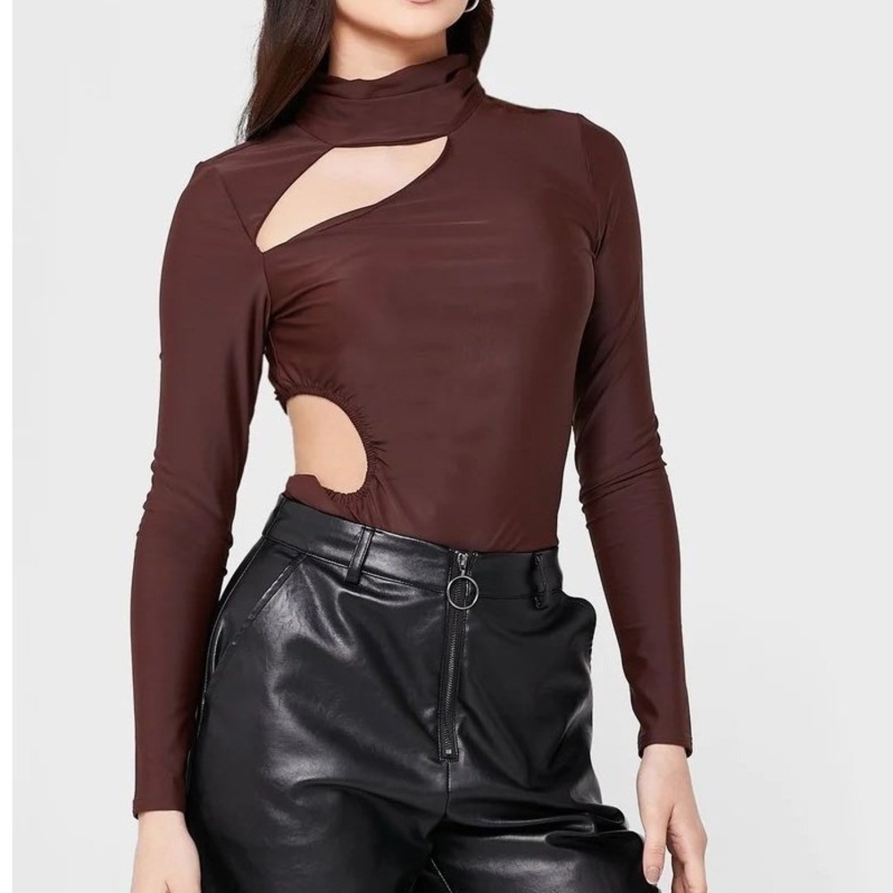 Topshop Brown Long Sleeve High Neck Cut Out Detail Top dopamine maximalist M